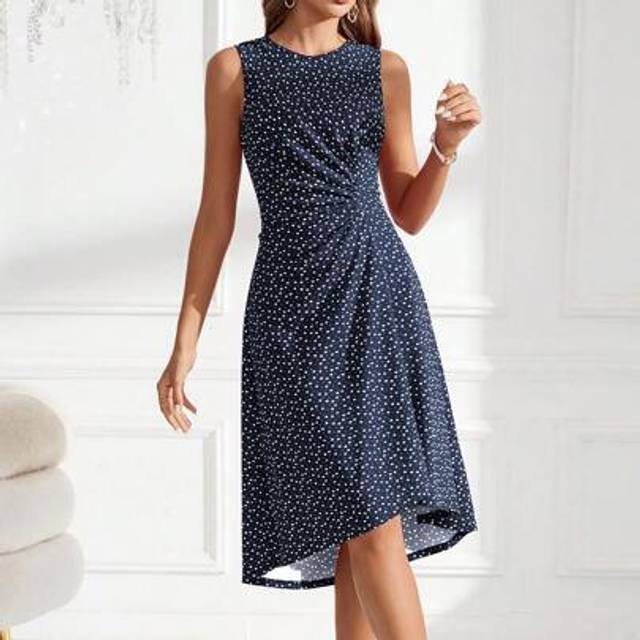 SHEIN Women Casual Heart Print Ruched Waist Sleeveless Midi Dress For Commuting,Business Casual Woman
