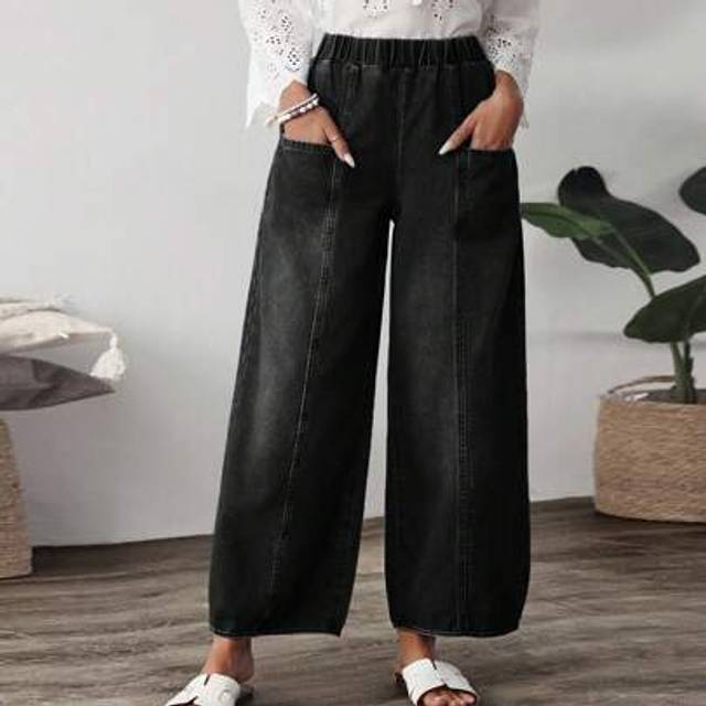 EMERY ROSE Women&#39;s Elastic Waist Dual Pocket Wide Leg Loose Casual Jeans