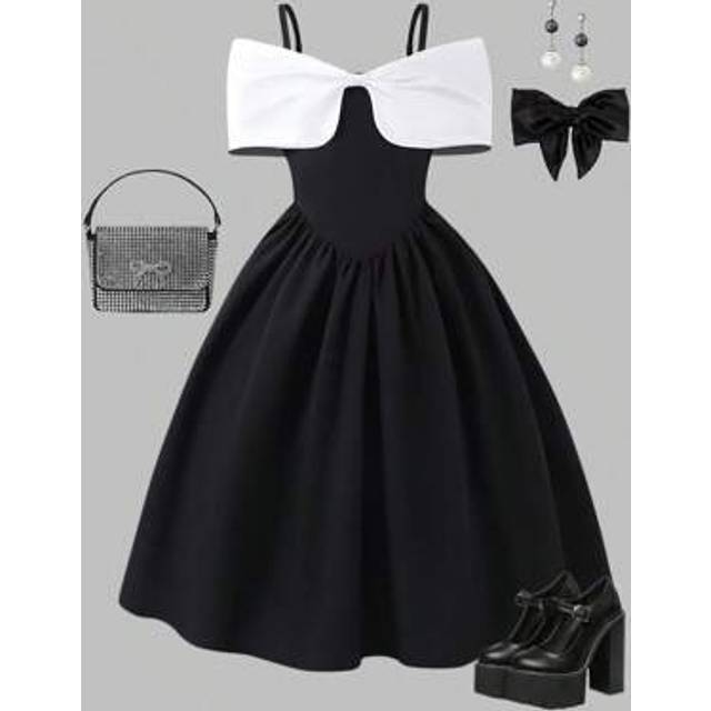 SHEIN Girls&#39; Elegant Luxurious Princess Party Formal Dress With Bow Shoulder Strap, Bicolor Low Waist Princess Gown,Holiday,Summer,Travel