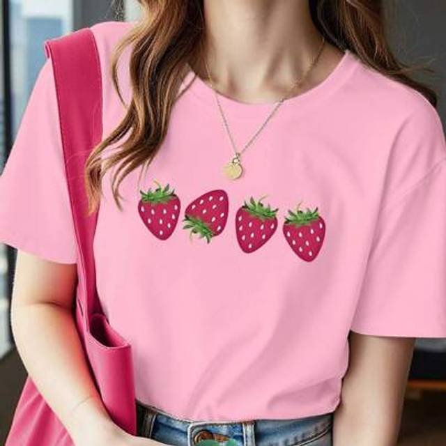 Plus Size Y2k Stil Strawberry Print Dam T-shirt - Rosa (0XL,1XL,2XL,3XL,4XL)