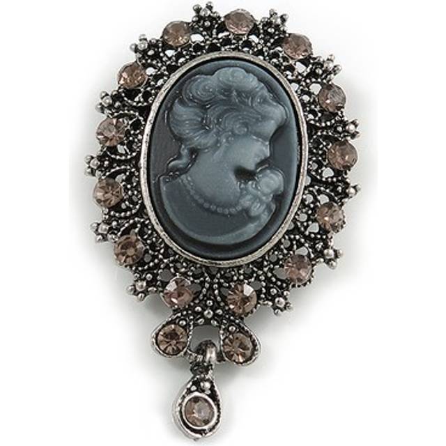 Vintage inspired filigree grey crystal cameo brooch in antique silver tone -