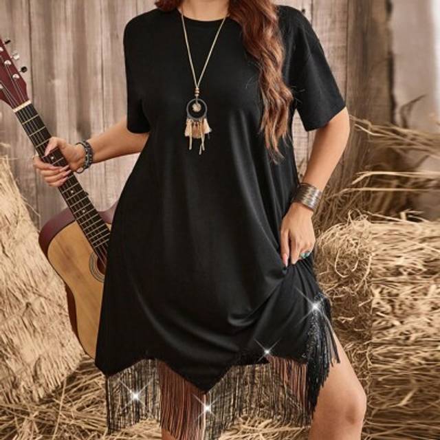 SHEIN Plus Size Asymmetrical Hem Sequin Fringe Music Festival Party Western Casual Fashion Dress Summer Outfits For Women Vacation Outfits Woman Black Dress