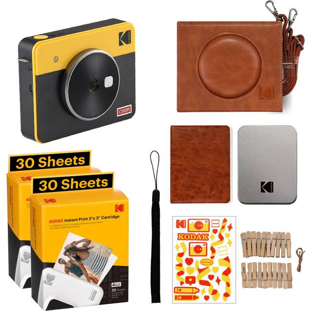KODAK Mini Shot 3 Retro 4PASS 2-i-1 Snapshotkamera och bärbar fotoskrivare (7,6 x 7,6 cm) + presentpaket med 68 ark, gul