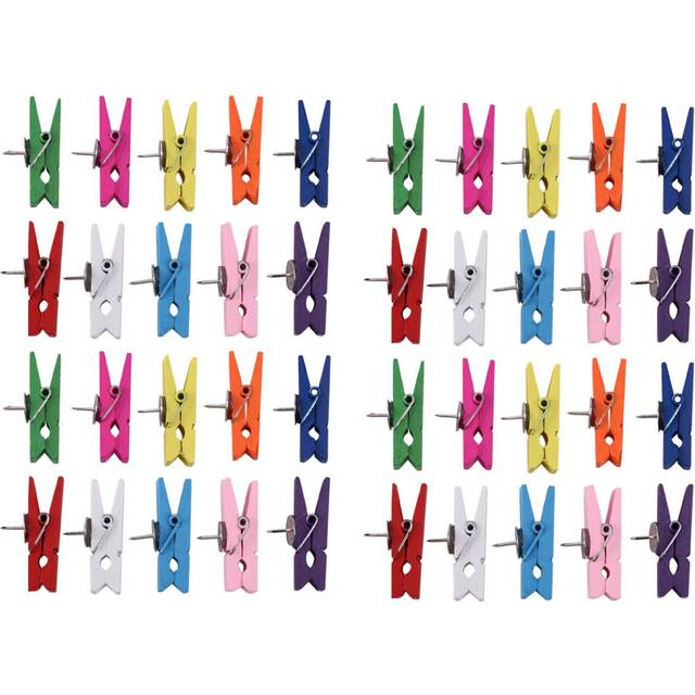 Push Pins with Wooden Clips Pushpins Tacks Thumbtacks, Paper Clips with Pins Multicolor 40Pcs