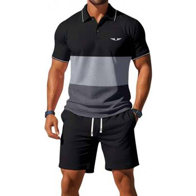 SHEIN Men&#39;s Summer Chest Logo Printed Color Block Striped Short Sleeve Button Polo Shirt & Shorts Set, Fashion Beach Vacation Casual Sports Outing Polo Coll