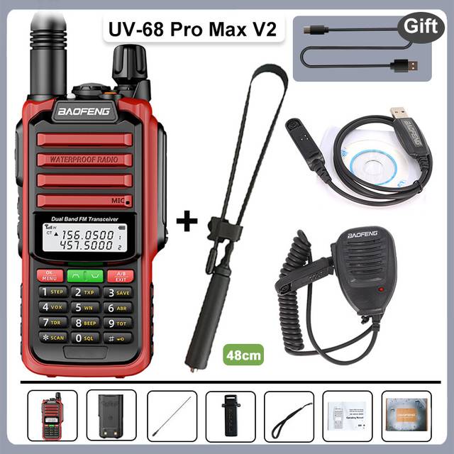(Red-HD-48-Cable) UV-68 Pro Max V2 IP68 Waterproof Walkie Talkie 8800mah Battery Type C UHF VHF Dual Band 128 Channels