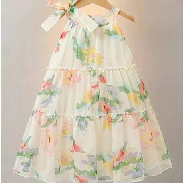 SHEIN Summer Chic Girls&#39; Floral Chiffon Princess Dress - Boho Style, Knee-Length With Bow Detail, Perfect For Beach & Parties