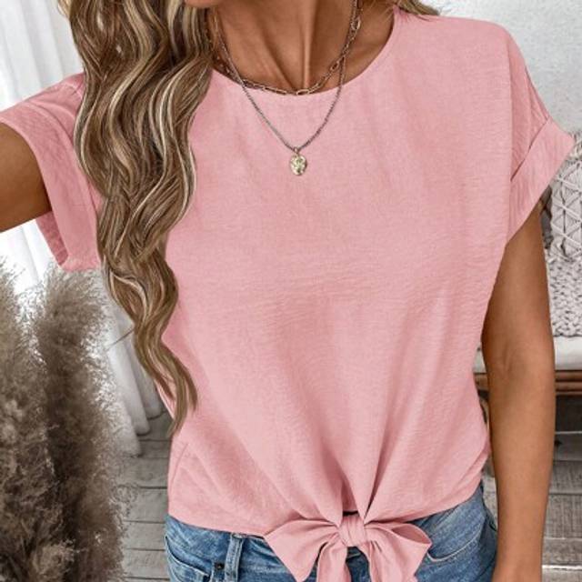 Luneh Women&#39;s Casual Solid Color Tie-Up Short Sleeve Shirt, Basic Daily Outfit, Spring/Summer
