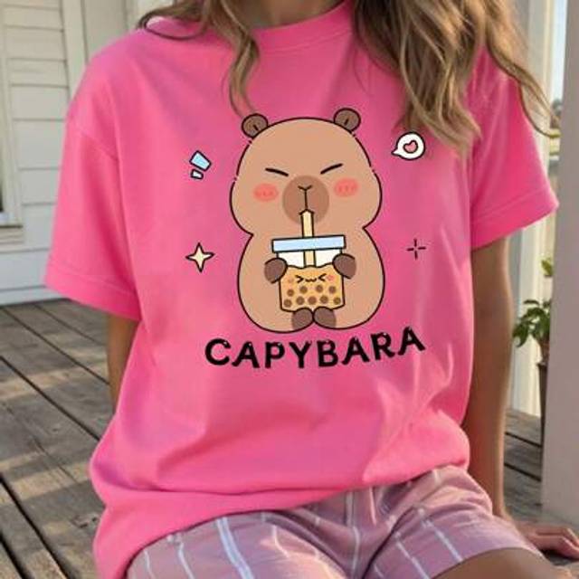 SHEIN Girls&#39; Cartoon Capybara & Bubble Tea Print Short Sleeve Crew Neck Fuchsia T-Shirt, Teens Summer Tee Y2k Tops For Tweens