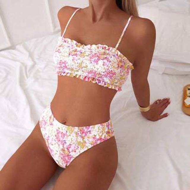 SHEIN Women Summer Beach Floral Print Ruffled Sexy Bikini Set