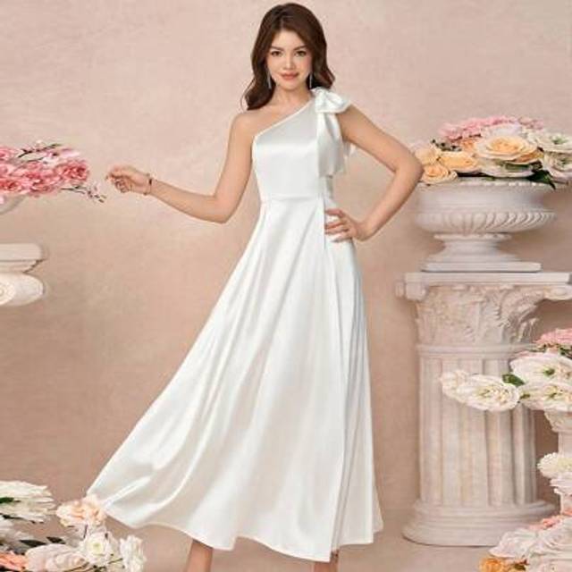 SHEIN Teen Girl White Solid Color Off-Shoulder Cute Big Bow Elegant Woven Waist A-Line Long Dress, Suitable For Parties, Commuting Elegant, Shopping, Suitab