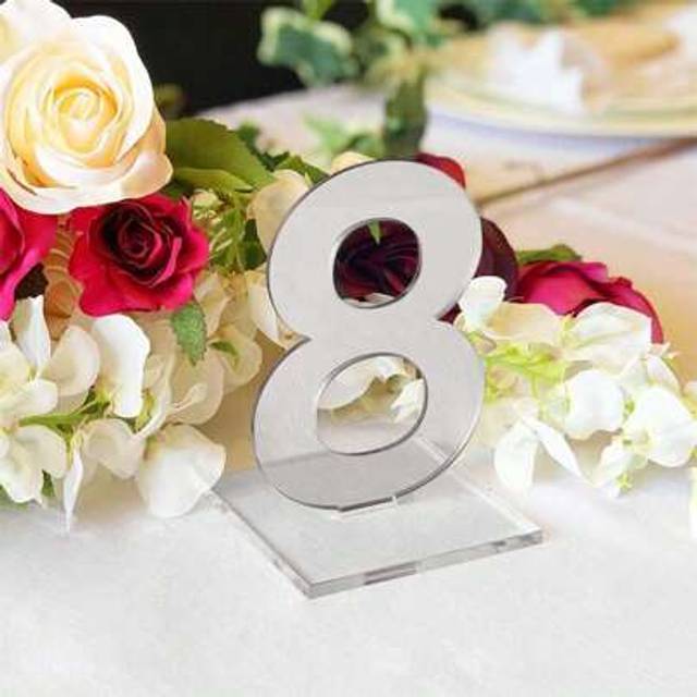 SHEIN 10pcs Gold Acrylic Number Table Signs, 1-20pcs Silver Elegant Wedding Table Number Plates, Mirrored Banquet Decoration Table Number Stands For Wedding