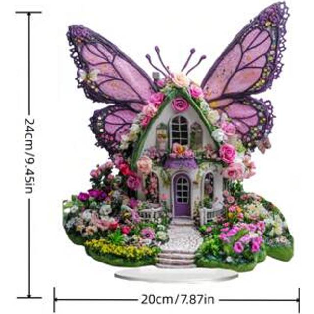 SHEIN Fairy Tale Colorful Butterfly Wings Flower House 2D Acrylic Desktop Ornament Atmosphere Decoration Gift