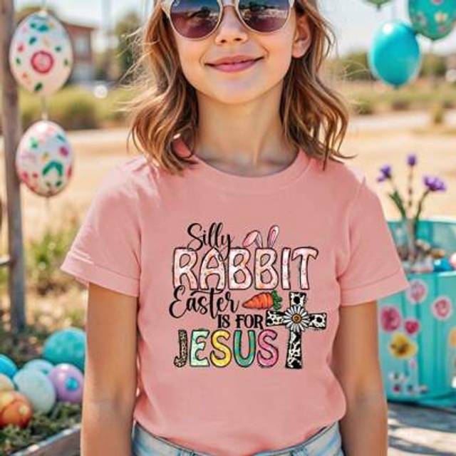 SHEIN Easter Teen Girls Fashionable Cute Bunny Ears & Cross Leopard Print &#34;Rabbit Jesus&#34; Graphic Pink T-Shirt, Suitable For Holiday, Party And Daily Wear