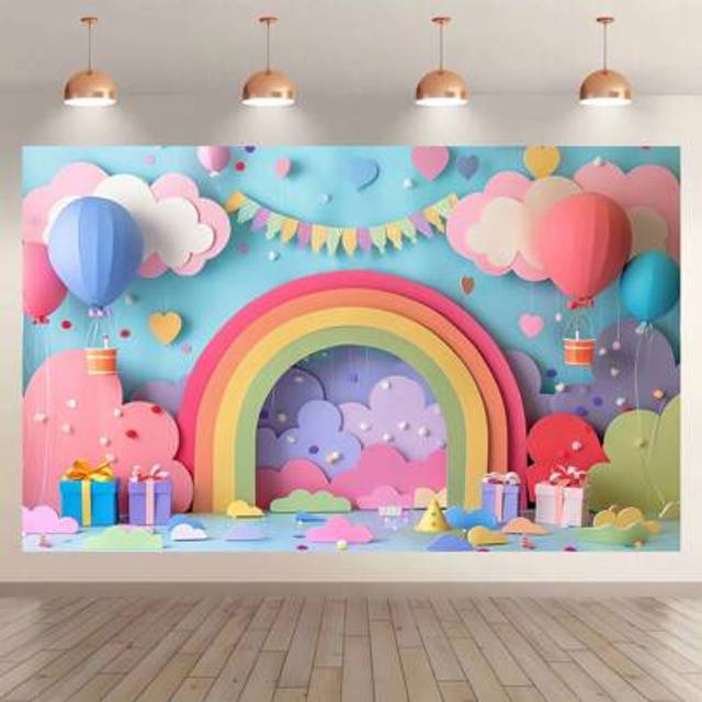 SHEIN Colorful Floral And Rainbow Arch Photo Frame Background - Photographic Background With Hot Air Balloon And Honeycomb Design, Suitable For Parties, Hom