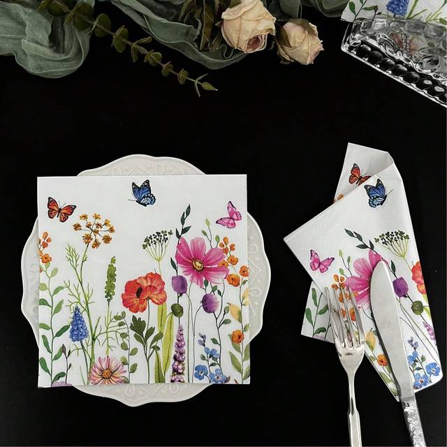 SHEIN 20pcs Per Bag, Elegant Spring Festival Wild Floral Print Napkins Paper,2-Ply,13*13inch Flower And Butterfly Wedding Disposable Paper Napkins,Soft, Abs