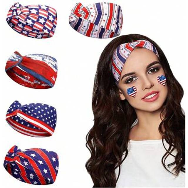 SHEIN 5 Pieces Of American Flag Independence Day Star Element Vintage Knot Sweat-Absorbing Yoga Running Sports Headband