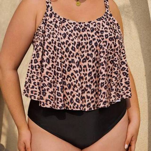 Plus size dam leopardtryck volang baddräkt i ett stycke, sexig strandsemester Casual baddräkt i ett stycke - Svart (US22,US24,US26,US28,US30)