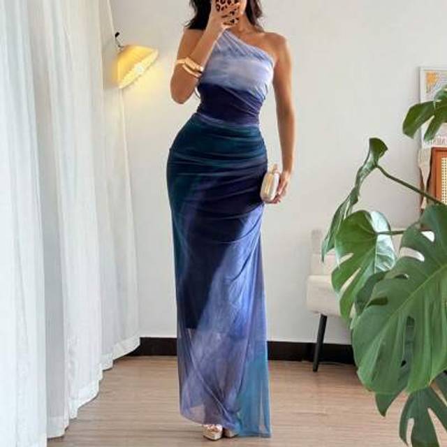 Rafferiza Graduated Color High Slit Asymmetric Collar Ruched Tulle Dress Maxi Women Outfit