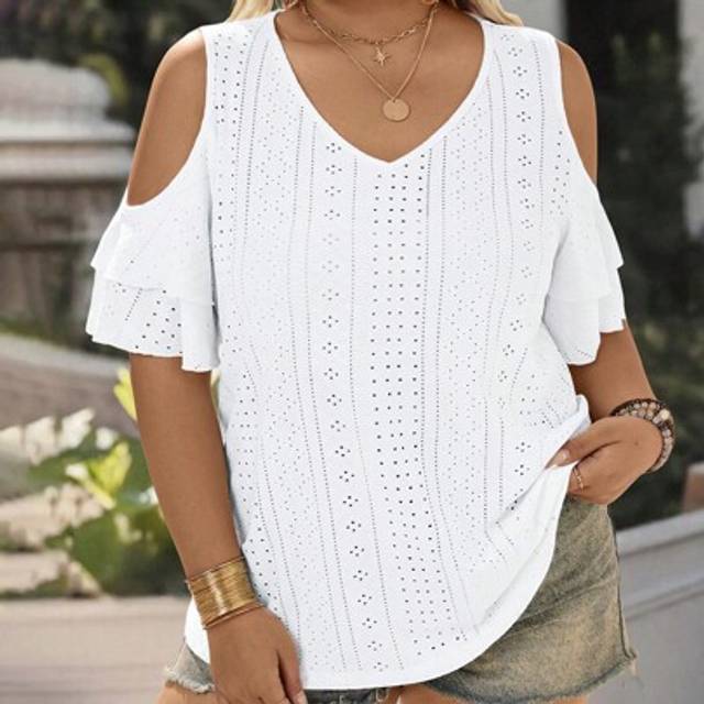SHEIN Women Plus Size V-Neck Layered Sleeve Textured Knit Off Shoulder Loose Casual T-Shirt, Elegant & Fashionable For Holiday, Daily Wear, Home