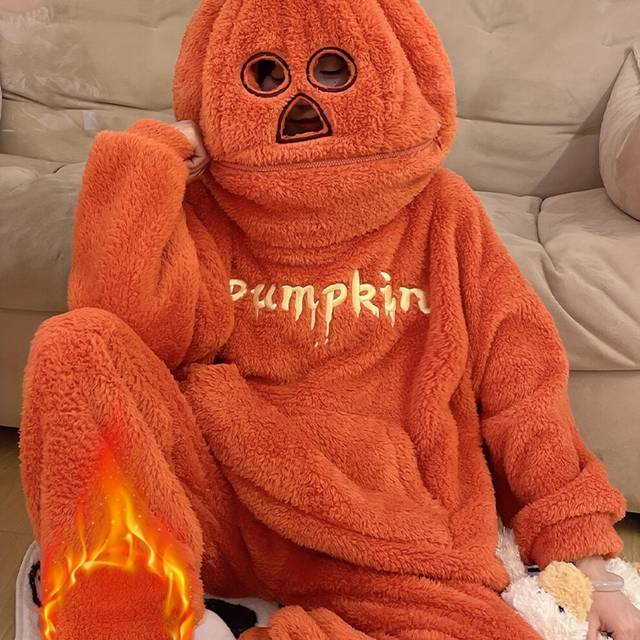 (Tangerine Red Color, 12) Halloween Pumpkin Flannel Pajama Set for Adults - Cute Long Sleeve, Long Pants, Hooded Knit Fabric