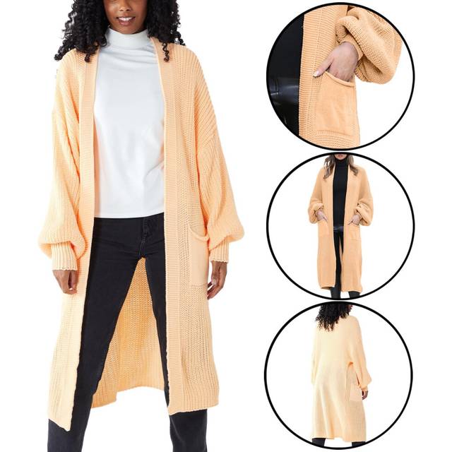 (Peach, One Size Fits (8-16)) Ladies Oversized Long Cardigan Balloon Sleeve Chunky Ribbed KnittedÂMaxiÂJumper