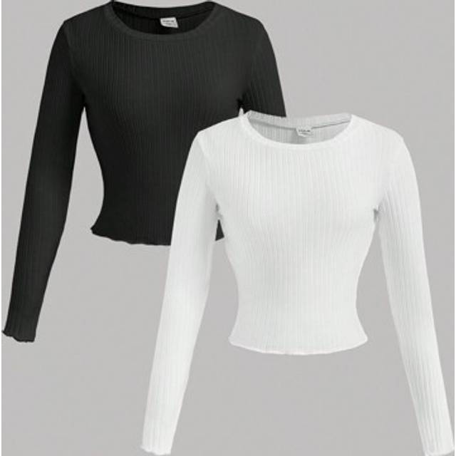 SHEIN Buy 1 Get 2 Ribbed Wave Trim Elastic T-Shirts, All-Match Versatile For Teenage Girls