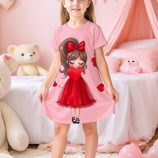 SHEIN Valentine&#39;s Day Heart Pattern Casual Comfy Young Girl Graphic Round Neck Short Sleeve Long Dress Loungewear Outfit, Suitable For All Seasons, For Indo