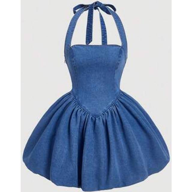 SHEIN Women&#39;s Blue Denim Pinafore Floral Print Dress, Summer Outfits For Women, Easter Dress Women, Vacation Outfits Women, Dresses For Women Elegant, Cute