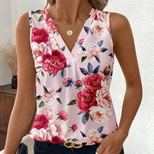 SHEIN Women&#39;s Floral V-Neck Casual Sleeveless Tank Top, Suitable For Summer