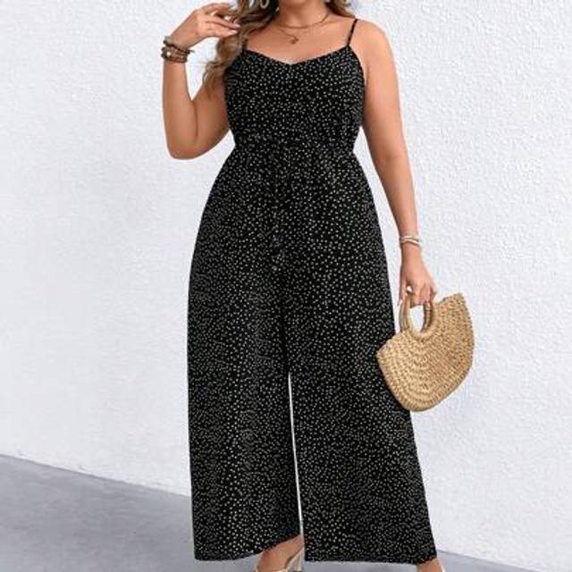 Plus Size Damer Casual Polka Dot Print Wide Leg Jumpsuit - Svart (0XL,1XL,2XL,3XL,4XL)