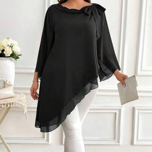 SHEIN Plus Size Women Elegant Commuter Solid Color Tie Collar Asymmetric Hem Blouse
