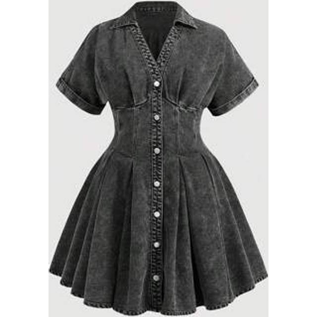 SHEIN MOD Plus Size Denim Midi Dress With Short Dropped Shoulder Sleeves And Flared Hem, Midi Women Dresses,Renaissance Fair,Woman Jeans Dresses,Thanksgivin