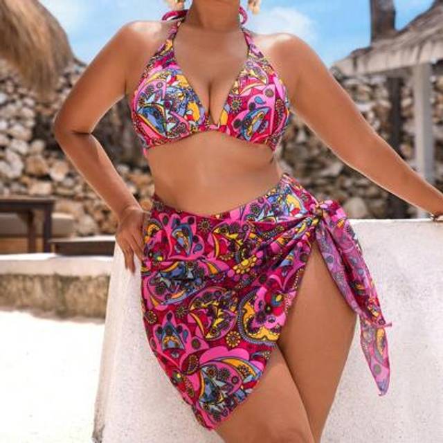 Plus Size Kvinnor 3st Knythals Justerbar rem Flerfärgad Smickrande Casual Semester Pool Sommar Beach Holiday Bikini Set - Multifärgad (0XL,1XL,2XL,3XL,4XL)