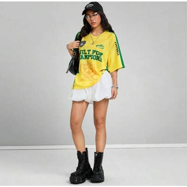 SHEIN Women&#39;s Spring And Summer For Going Out Concert Streetwear Vintage Letter Graphics Baseball Jersey V-Neck T-Shirt