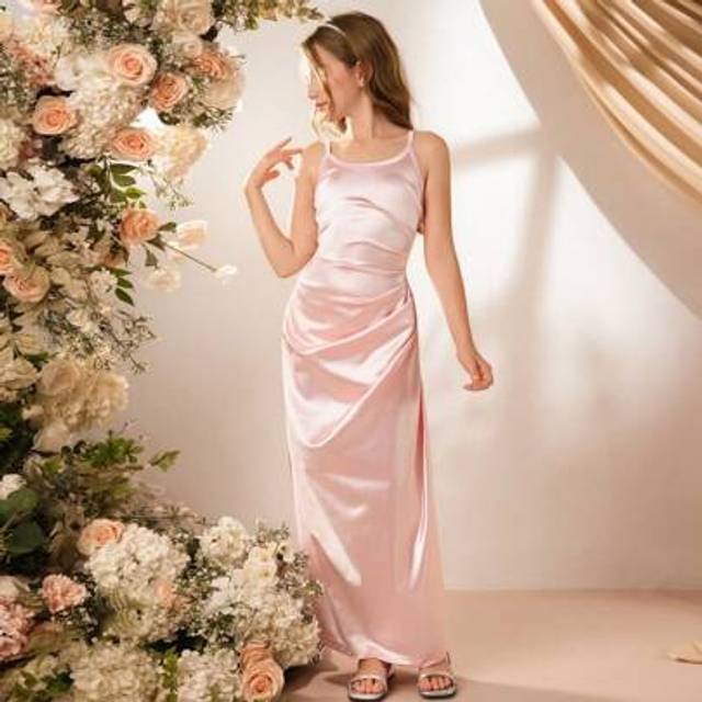 SHEIN Girls&#39; Simple Elegant Fashion Sleeveless High Waist Fitted Solid Satin Shiny Dress, Suitable For Flower Girl Wedding, Pink