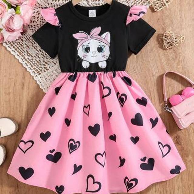 SHEIN Girls Casual Cute Cartoon Cat Print Round Neck Waisted Flare Hem Dress, Fashion Comfortable & Elegant Style, Suitable For Spring/Summer, Casual Or Out