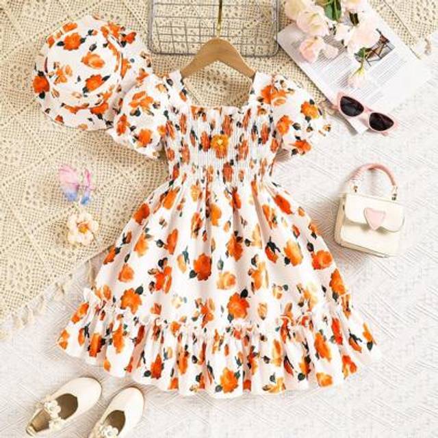 SHEIN 2pcs/Set Girls Beach Holiday Ditsy Floral Short Sleeve Dress With Hat, Summer