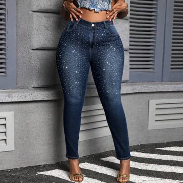 SHEIN Plus Size Sexy Skinny Stretch Rhinestone Embellished 7/8 Length Jeans, Blue, For Women