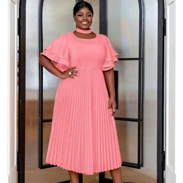 SHEIN Plus Size Solid Color Mock Neck Hollow Out Pleated Ruffle Sleeve Formal Dress