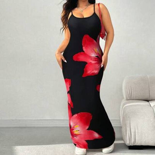 SHEIN Plus Size Long Bodycon Dress: Red Floral Print On Black, Sexy Spaghetti Strap Maxi Dress For Women