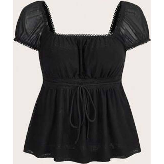 SHEIN Summer Square Neck Knot Front Folds Peplum Black Bow Rope Tee
