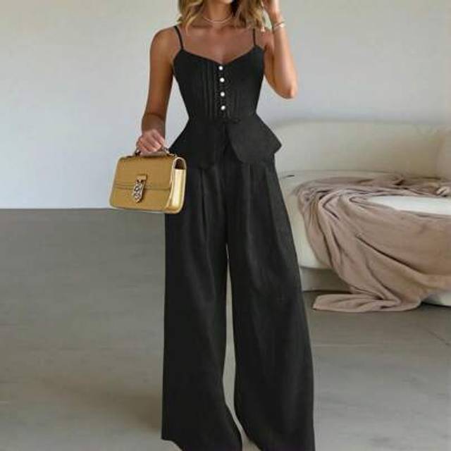 Calvaya 2pcs White Linen Casual Slim Cami & Wide-Leg Pants Set