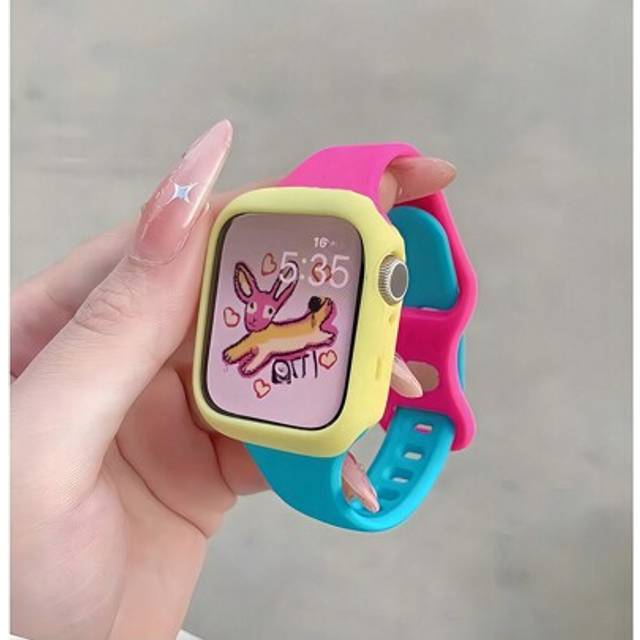 SHEIN 2pcs Color-Blocking Cute Silicon Watch Bands And Hollowed Out Protective Cases, Compatible With Apple Watch Band 38/40/41/42/44/45/46/49mm And Apple W