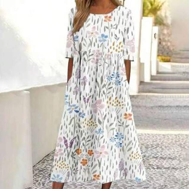 SHEIN Plus Size Women&#39;s Floral Print Pocketed Bohemian Vacation Style Dress