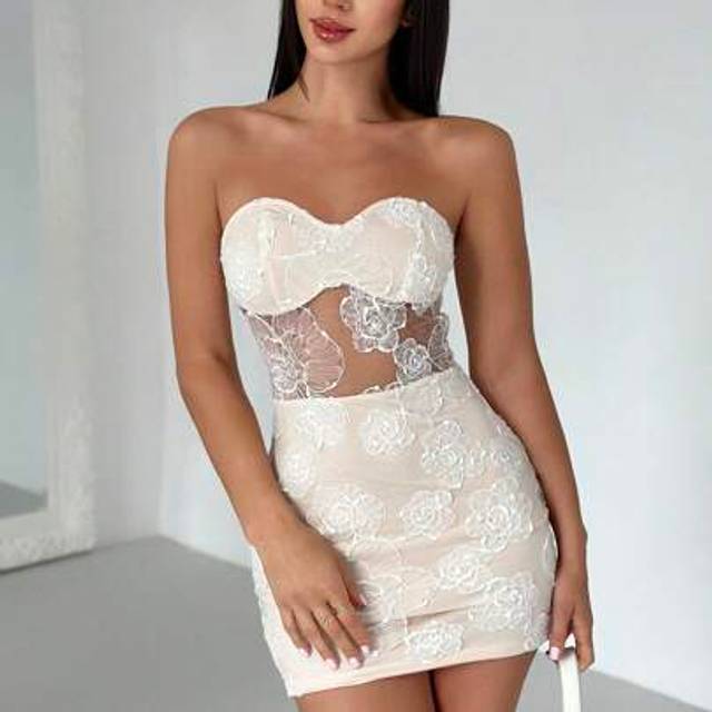 Firerie Spring/Summer Fairycore New Elegant Romantic Date White 3D Floral Lace Strapless Mini Dress, Suitable For Valentine&#39;s Day & Wedding Season,Rave Outfit