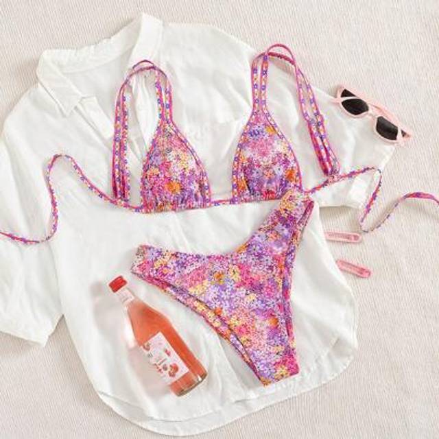 SHEIN 2pcs/Set Ditsy Floral Casual Sexy Lace-Up Women Bikini Swimwear For Beach Holiday Summer
