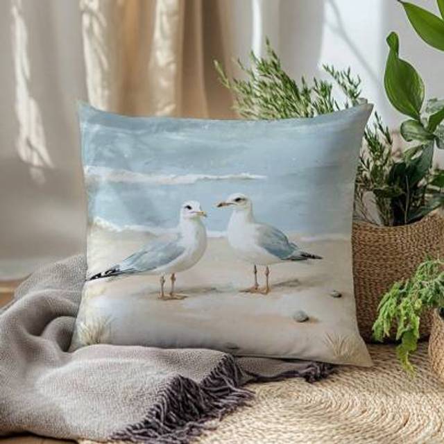 SHEIN 1pc Seagull On Beach Decorative Throw Pillow Case, Velvet Soft Fabric, Single Sided Print, 45*45cm, Suitable For Home, Bedroom, Living Room, Sofa, Gif