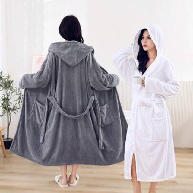 SHEIN 1pc S-Wave Hooded Bathrobe, Minimalist Style Supersoft Coral Fleece Extra Large Thick Soft Smooth Quick Drying Bathrobe, With Pocket & Hood, Long Vers