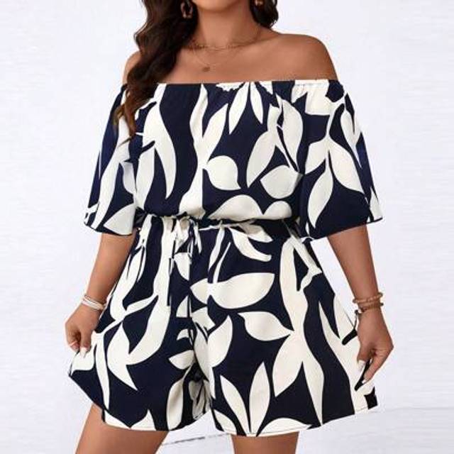 SHEIN Plus Size Women Casual Printed Off-Shoulder Jumpsuit